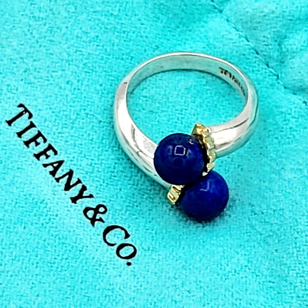 Tiffany & Co. Sterling Silver & 18k Yellow Gold Blue Lapis Lazuli Ring- Size 6.5